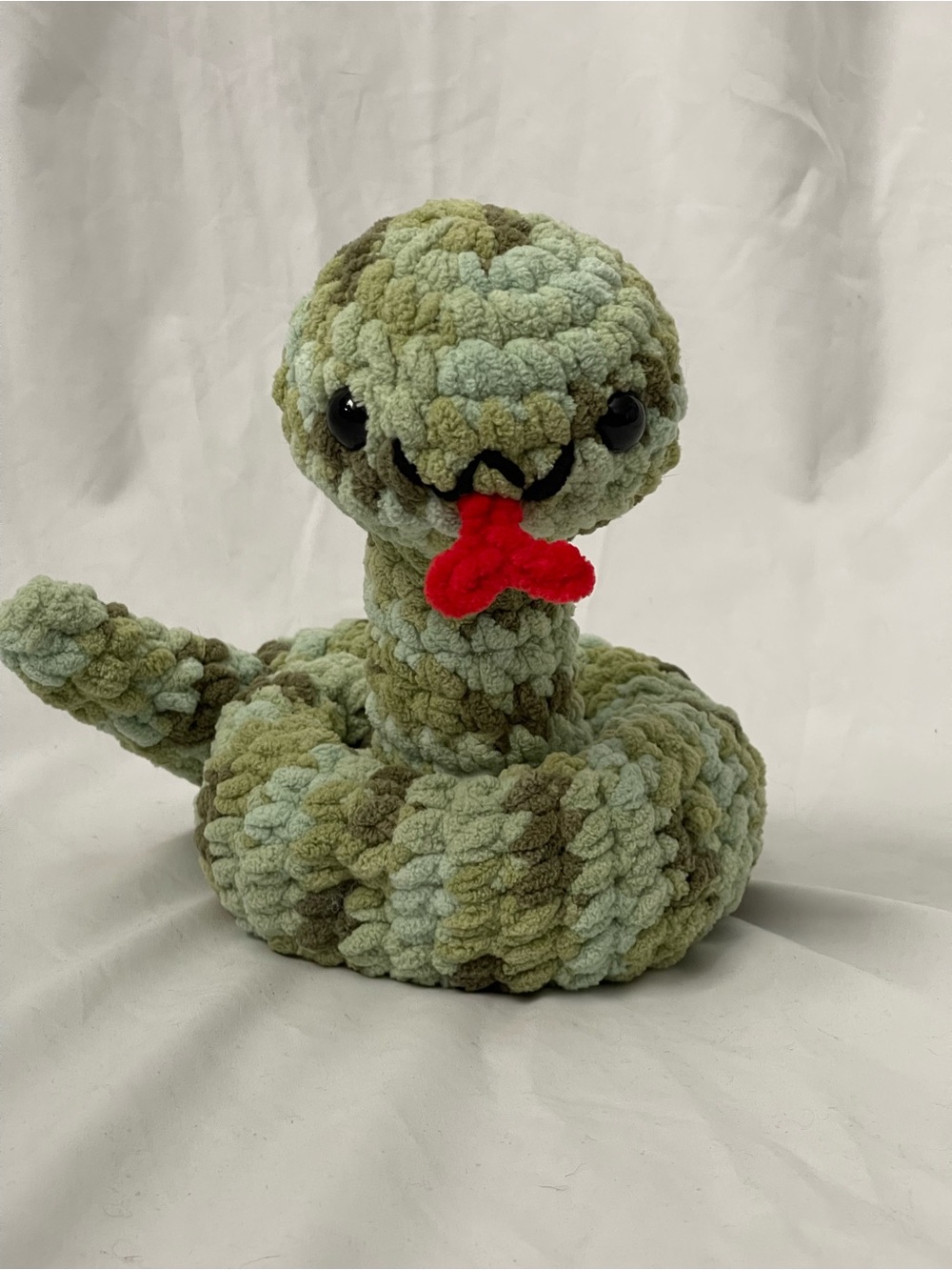 Handmade Plush Crochet Snake Toy in Multicolor Green with Red Tongue